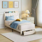Acekool Twin Bed Frame for Kids with Upholstered Platform, Large Storage Drawer and Bookcase Headboard, Noise-Free and Easy Assembly,Beige