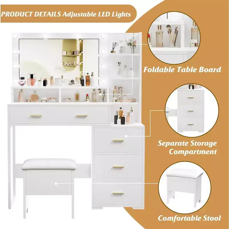 Makeup Vanity Desk with Mirror and Lights, Vanity Set with 3 Adjustable Lighting Colors
