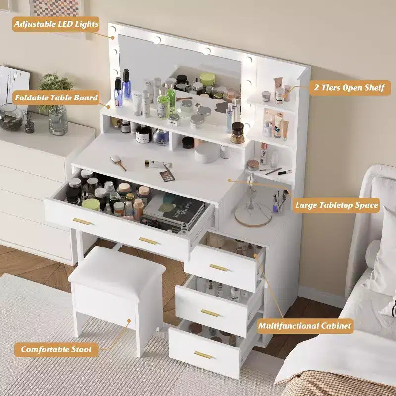 Makeup Vanity Desk with Mirror and Lights, Vanity Set with 3 Adjustable Lighting Colors
