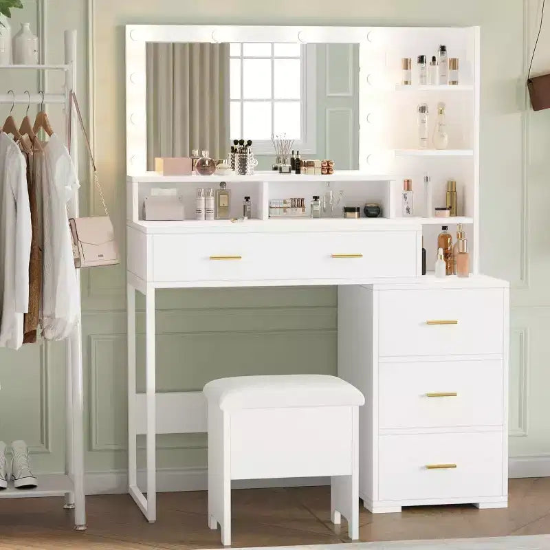 Makeup Vanity Desk with Mirror and Lights, Vanity Set with 3 Adjustable Lighting Colors
