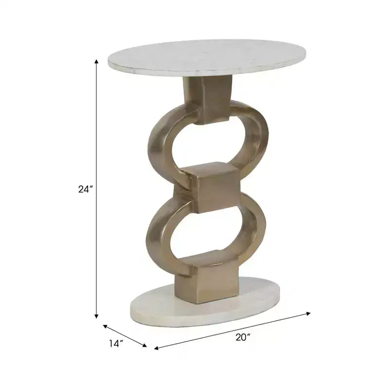 Modern Accent Side Table with White Marble Top and Sculptural Metal Base - Contemporary Round Accent End Table for Any Home Decor- 24, White and Gold