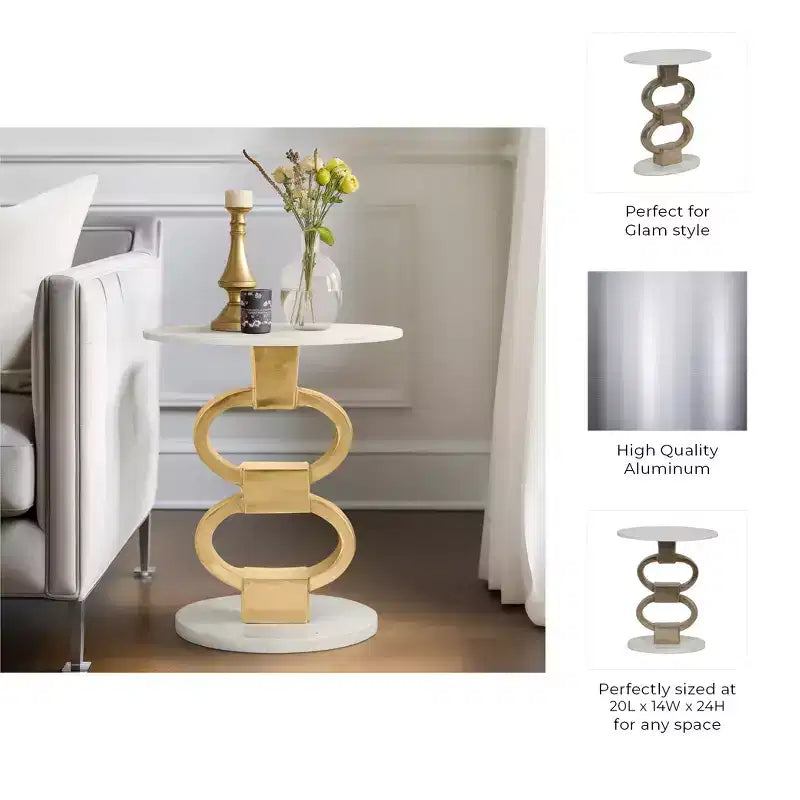 Modern Accent Side Table with White Marble Top and Sculptural Metal Base - Contemporary Round Accent End Table for Any Home Decor- 24, White and Gold