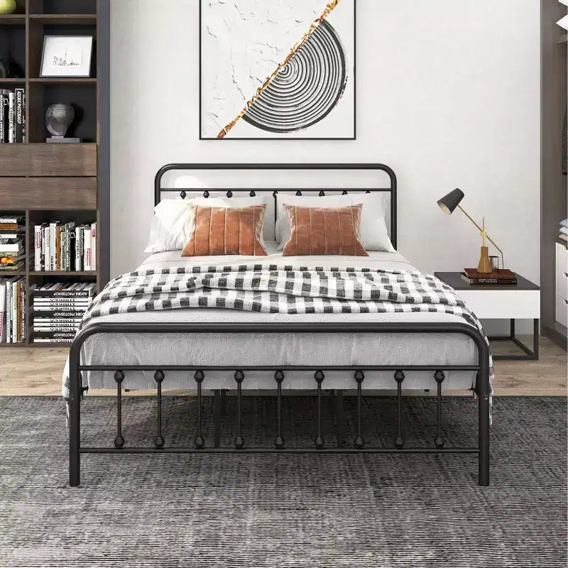 Okak Queen Size Bed Frame, Metal Platform Bed Frame with Headboard and Strong Slat Support for Bedroom, Living Room, Black