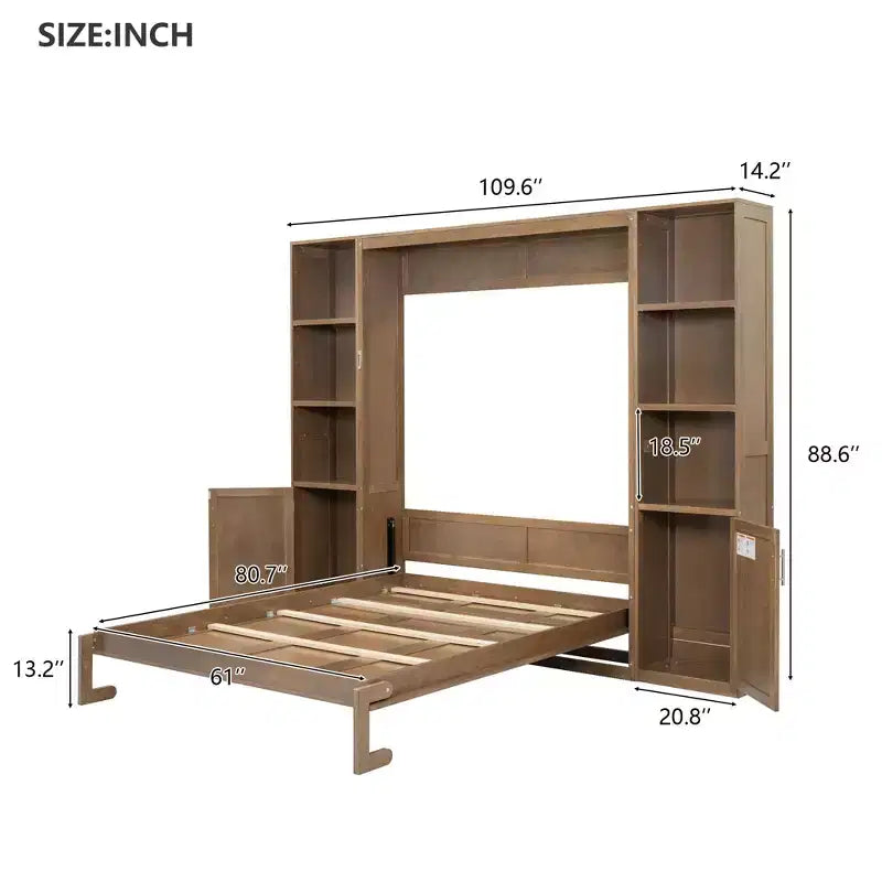 Queen Size Wooden Murphy Bed with Storage Shelves & Cabinets, Foldable Wall Bed, Natural - ModernLuxe
