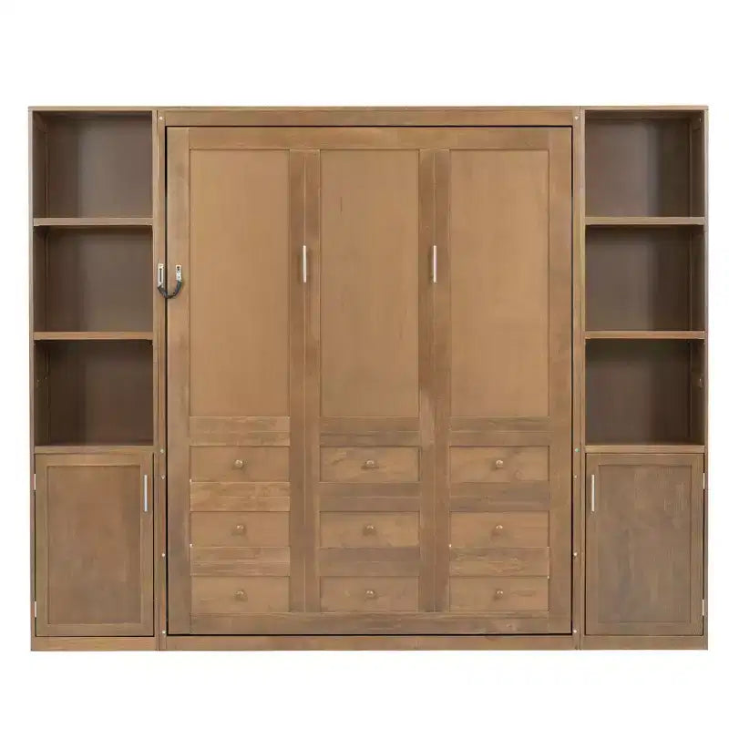 Queen Size Wooden Murphy Bed with Storage Shelves & Cabinets, Foldable Wall Bed, Natural - ModernLuxe