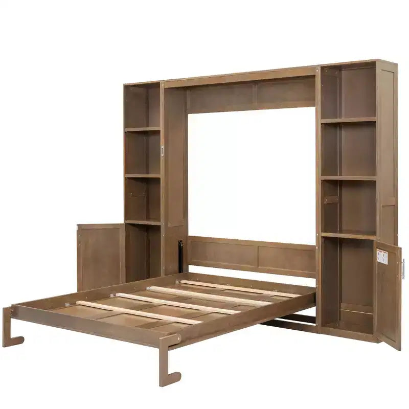 Queen Size Wooden Murphy Bed with Storage Shelves & Cabinets, Foldable Wall Bed, Natural - ModernLuxe