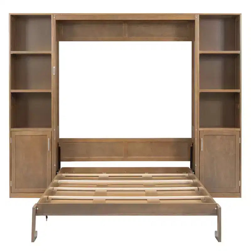 Queen Size Wooden Murphy Bed with Storage Shelves & Cabinets, Foldable Wall Bed, Natural - ModernLuxe
