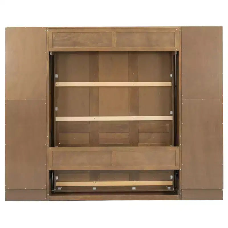 Queen Size Wooden Murphy Bed with Storage Shelves & Cabinets, Foldable Wall Bed, Natural - ModernLuxe