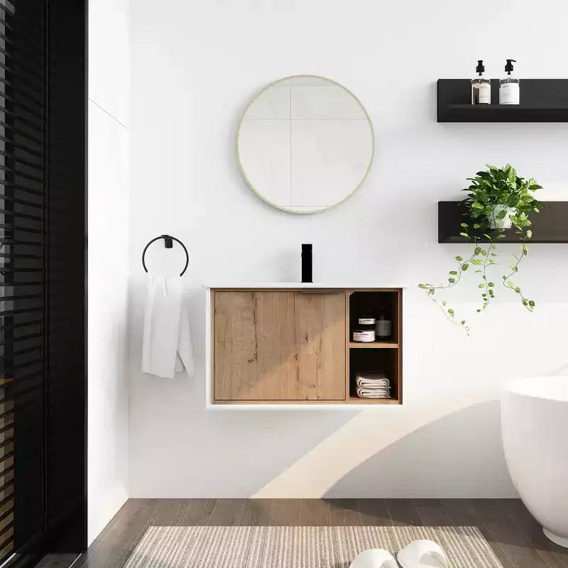 Eco-friendly plywood vanity cabinet, scratch-resistant and waterproof, with ceramic sink. Adult assembly required. Suitable for bathrooms.