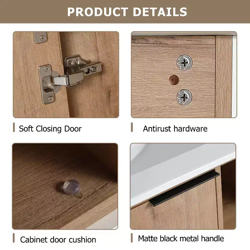 Eco-friendly plywood vanity cabinet, scratch-resistant and waterproof, with ceramic sink. Adult assembly required. Suitable for bathrooms.