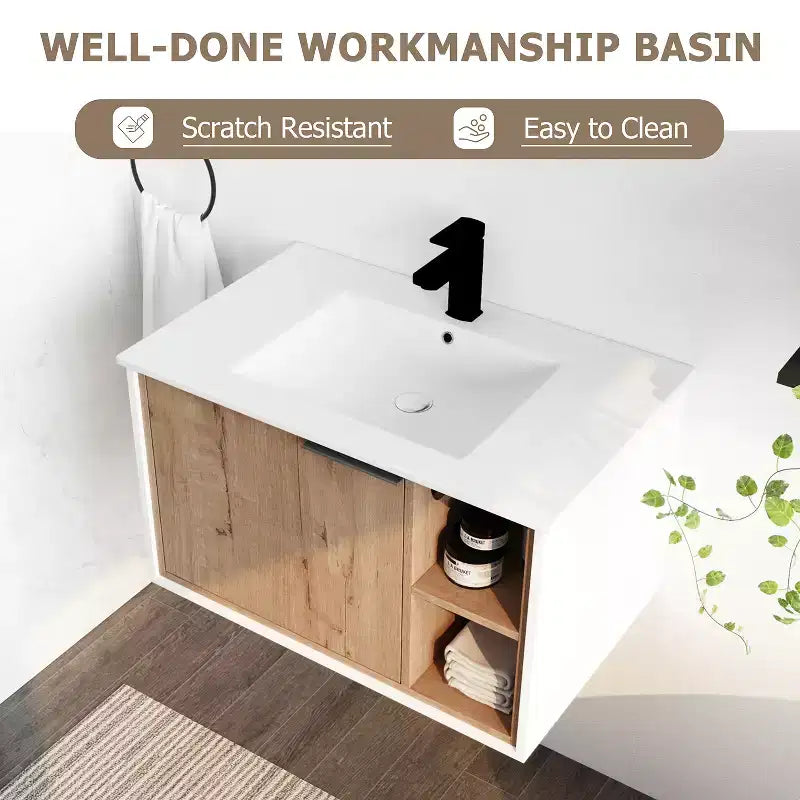 Eco-friendly plywood vanity cabinet, scratch-resistant and waterproof, with ceramic sink. Adult assembly required. Suitable for bathrooms.