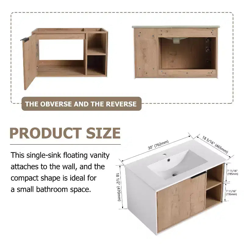 Eco-friendly plywood vanity cabinet, scratch-resistant and waterproof, with ceramic sink. Adult assembly required. Suitable for bathrooms.