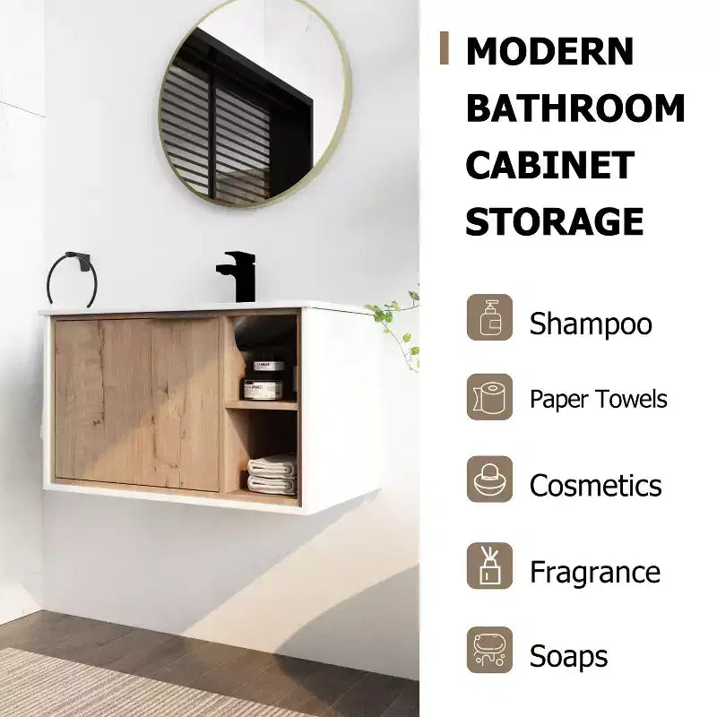 Eco-friendly plywood vanity cabinet, scratch-resistant and waterproof, with ceramic sink. Adult assembly required. Suitable for bathrooms.