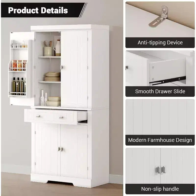72 Inch Pantry Cabinet, Space-Saving Wood Kitchen Storage Cabinet with Drawer