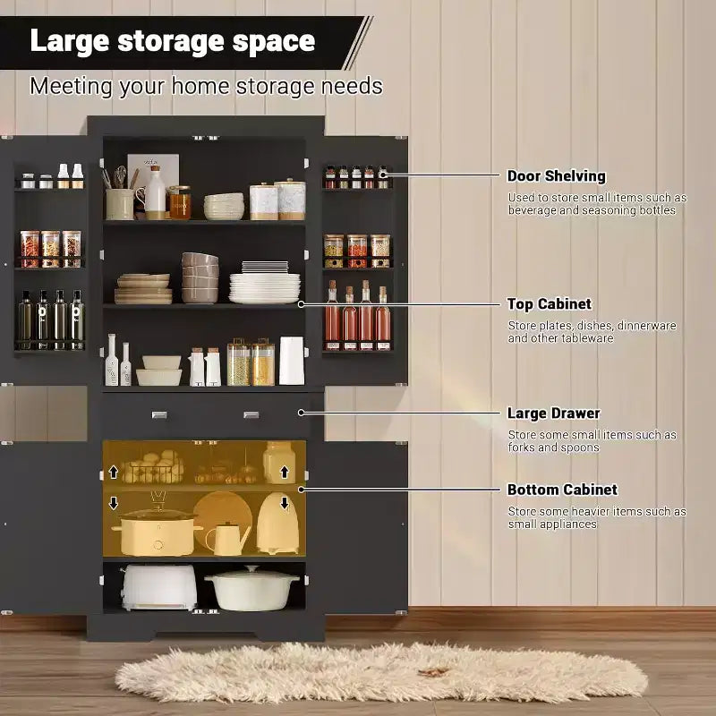 72 Inch Pantry Cabinet, Space-Saving Wood Kitchen Storage Cabinet with Drawer
