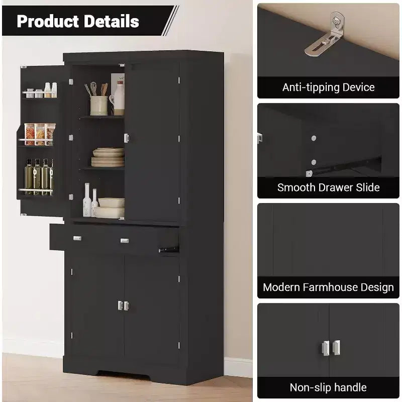 72 Inch Pantry Cabinet, Space-Saving Wood Kitchen Storage Cabinet with Drawer