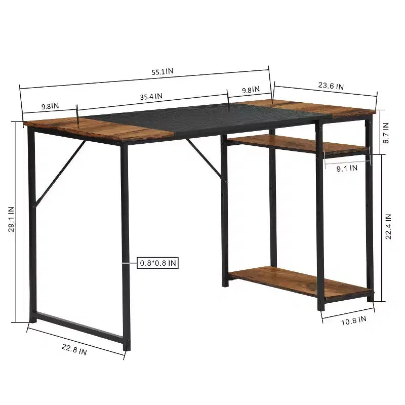 FurnitureR 55.1 Computer Desk with Side Shelves, Industrial Style Gaming Desk with Metal Frame, Home Office Workstation with Storage for PC, Laptop