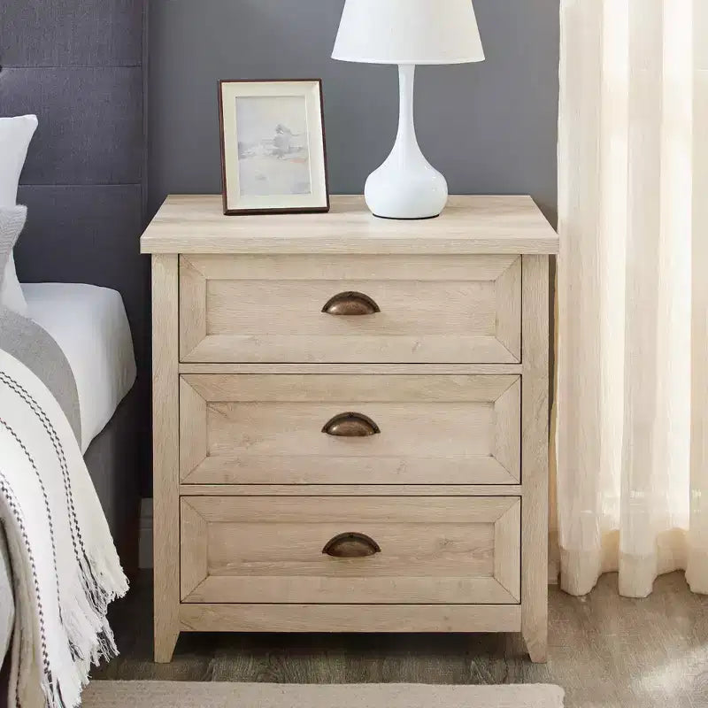 Transitional Farmhouse Framed 3-Drawer Nighstand with Cup Handles - White Oak