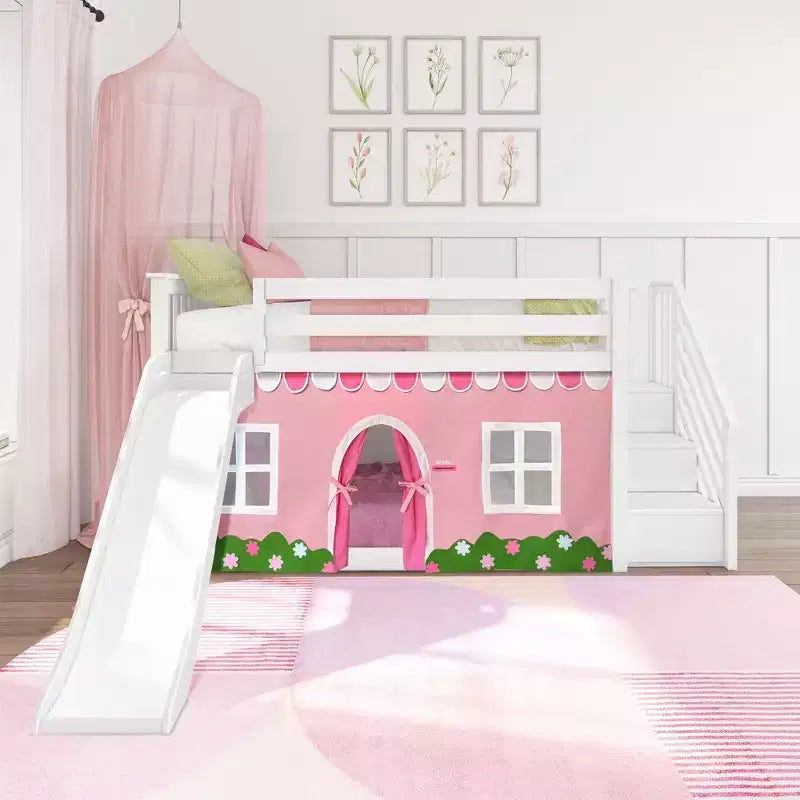 Twin Low Loft With Stairs, Easy Slide & Light Pink & White Farmhouse Curtain