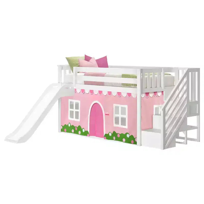 Twin Low Loft With Stairs, Easy Slide & Light Pink & White Farmhouse Curtain