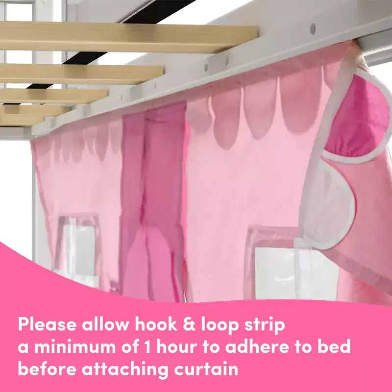 Twin Low Loft With Stairs, Easy Slide & Light Pink & White Farmhouse Curtain
