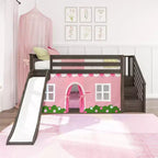 Twin Low Loft With Stairs, Easy Slide & Light Pink & White Farmhouse Curtain