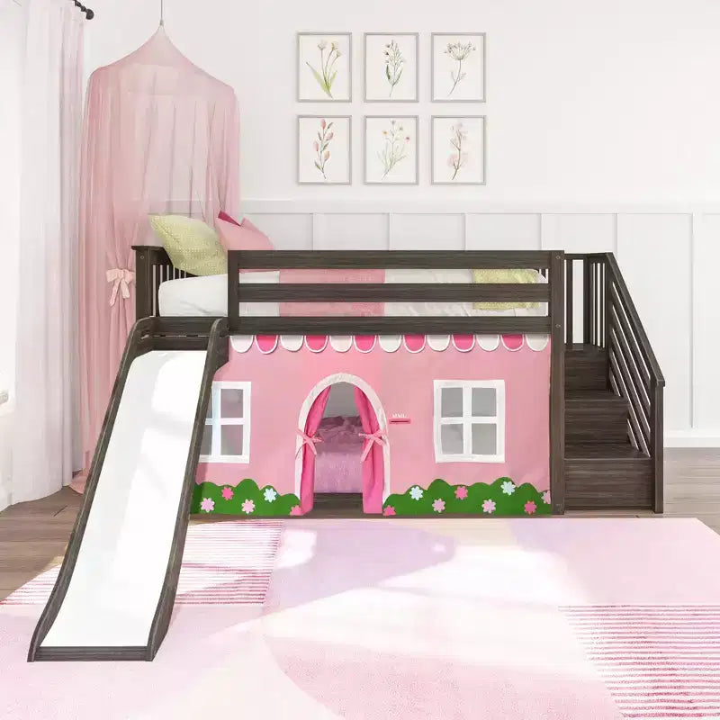 Twin Low Loft With Stairs, Easy Slide & Light Pink & White Farmhouse Curtain
