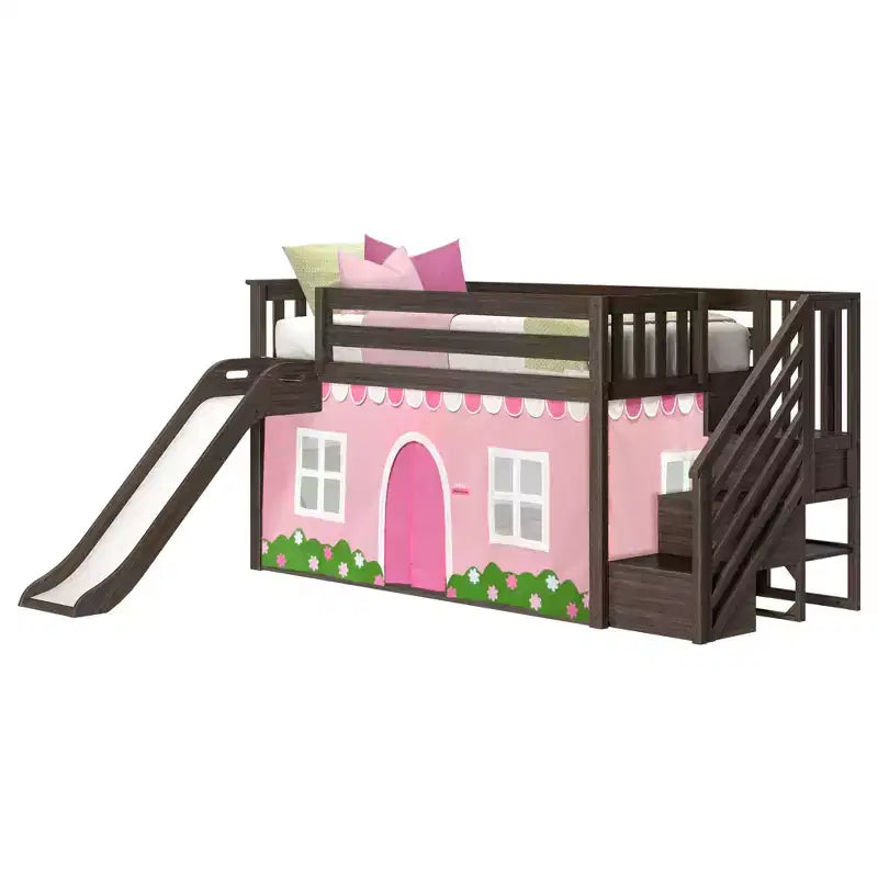 Twin Low Loft With Stairs, Easy Slide & Light Pink & White Farmhouse Curtain