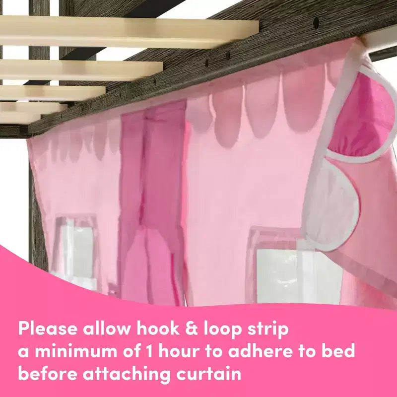 Twin Low Loft With Stairs, Easy Slide & Light Pink & White Farmhouse Curtain