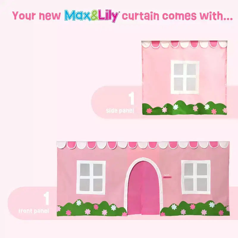 Twin Low Loft With Stairs, Easy Slide & Light Pink & White Farmhouse Curtain