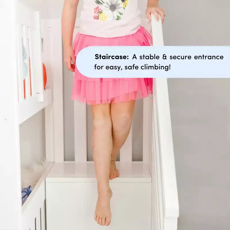 Twin Low Loft With Stairs, Easy Slide & Light Pink & White Farmhouse Curtain