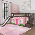 Twin Low Loft With Stairs, Easy Slide & Light Pink & White Farmhouse Curtain