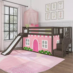 Twin Low Loft With Stairs, Easy Slide & Light Pink & White Farmhouse Curtain