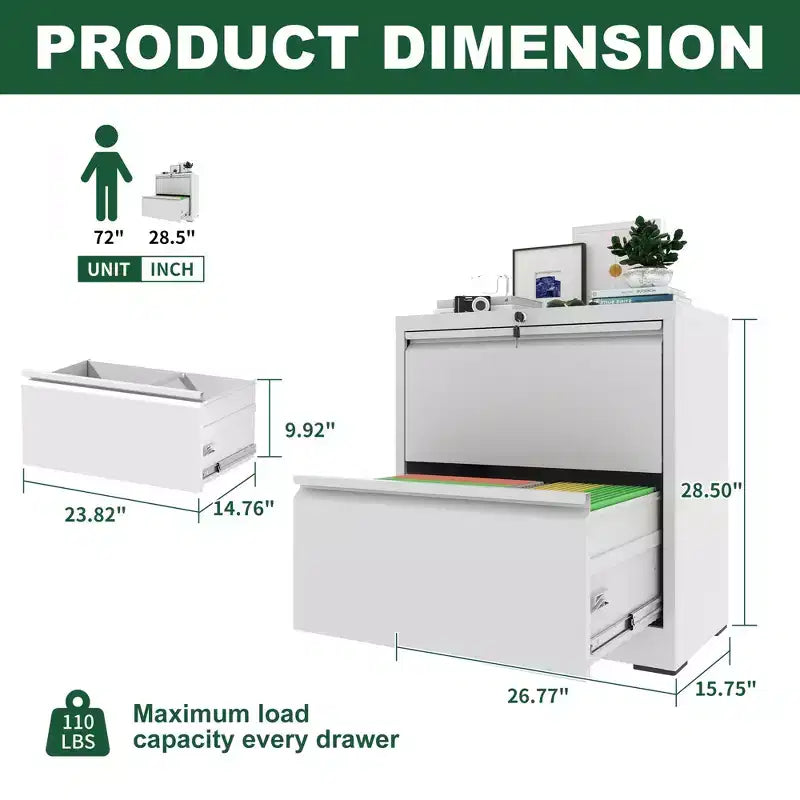 2 Drawer Lateral File Cabinet with Lock, Metal Lateral Steel Wide Horizontal Filing Cabinets