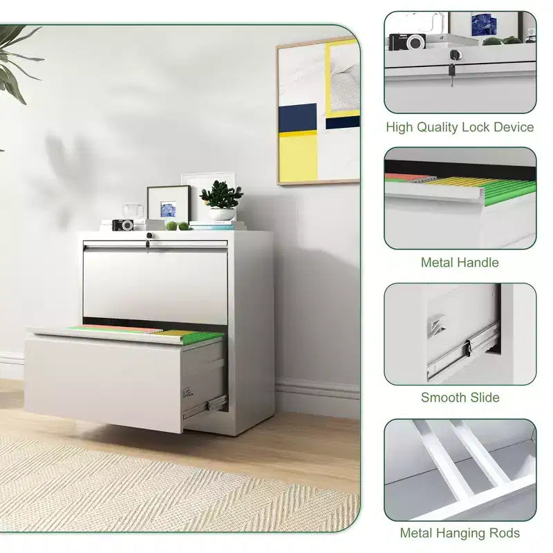 2 Drawer Lateral File Cabinet with Lock, Metal Lateral Steel Wide Horizontal Filing Cabinets