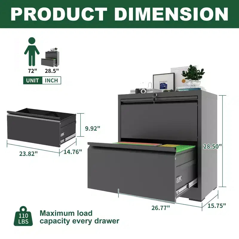 2 Drawer Lateral File Cabinet with Lock, Metal Lateral Steel Wide Horizontal Filing Cabinets
