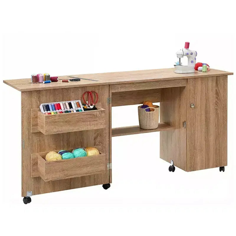 Folding Sewing Table with Storage, Large Sewing Machine Table with Shelves & Lockable Wheels, Multi-Functional Craft Desk for Home, Workroom