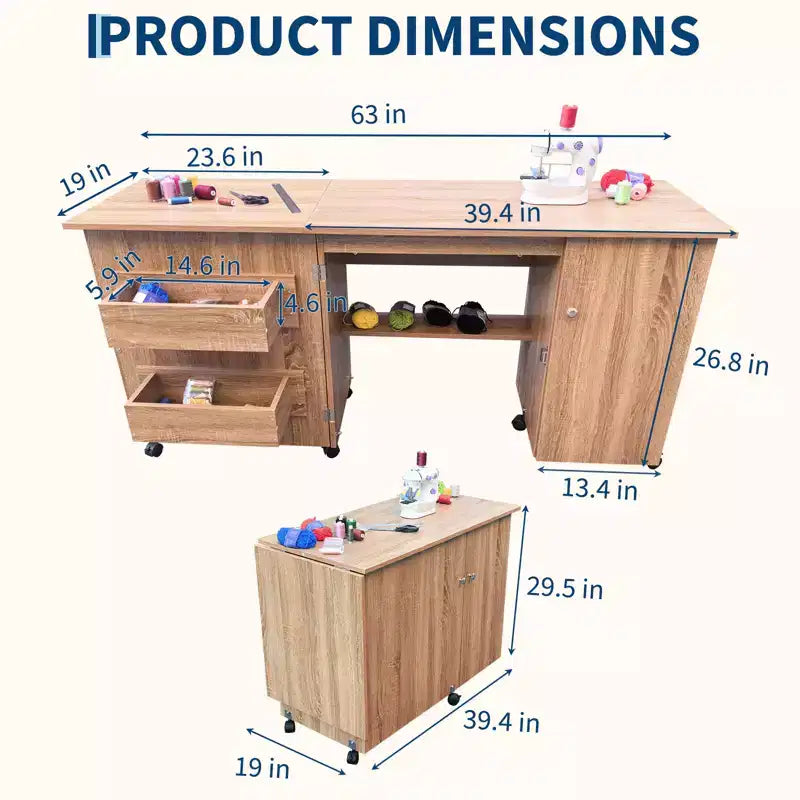Folding Sewing Table with Storage, Large Sewing Machine Table with Shelves & Lockable Wheels, Multi-Functional Craft Desk for Home, Workroom