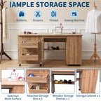 Folding Sewing Table with Storage, Large Sewing Machine Table with Shelves & Lockable Wheels, Multi-Functional Craft Desk for Home, Workroom