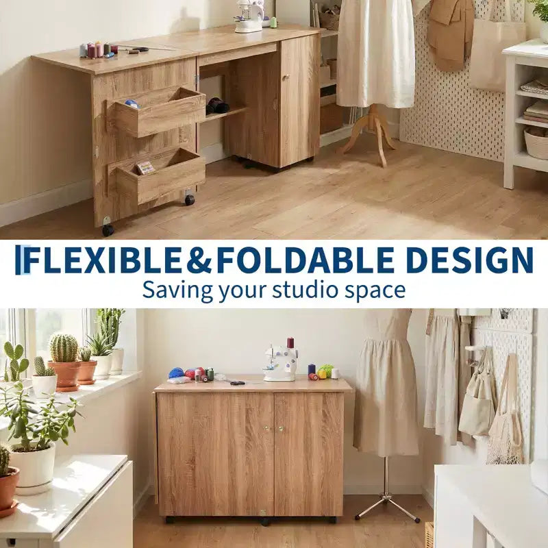 Folding Sewing Table with Storage, Large Sewing Machine Table with Shelves & Lockable Wheels, Multi-Functional Craft Desk for Home, Workroom