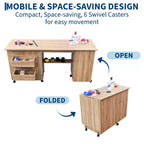 Folding Sewing Table with Storage, Large Sewing Machine Table with Shelves & Lockable Wheels, Multi-Functional Craft Desk for Home, Workroom