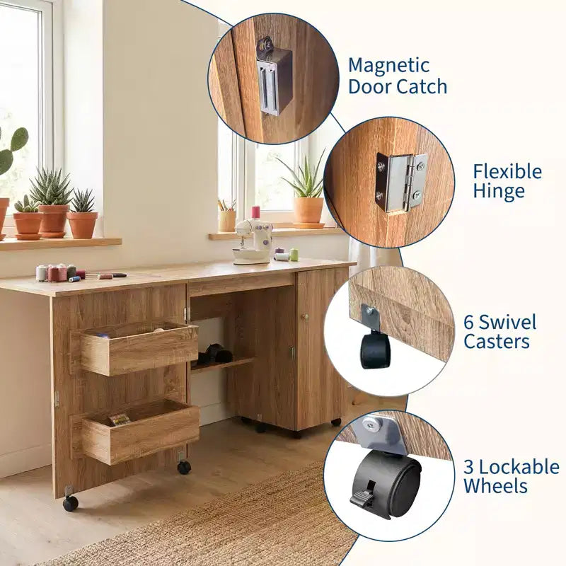Folding Sewing Table with Storage, Large Sewing Machine Table with Shelves & Lockable Wheels, Multi-Functional Craft Desk for Home, Workroom