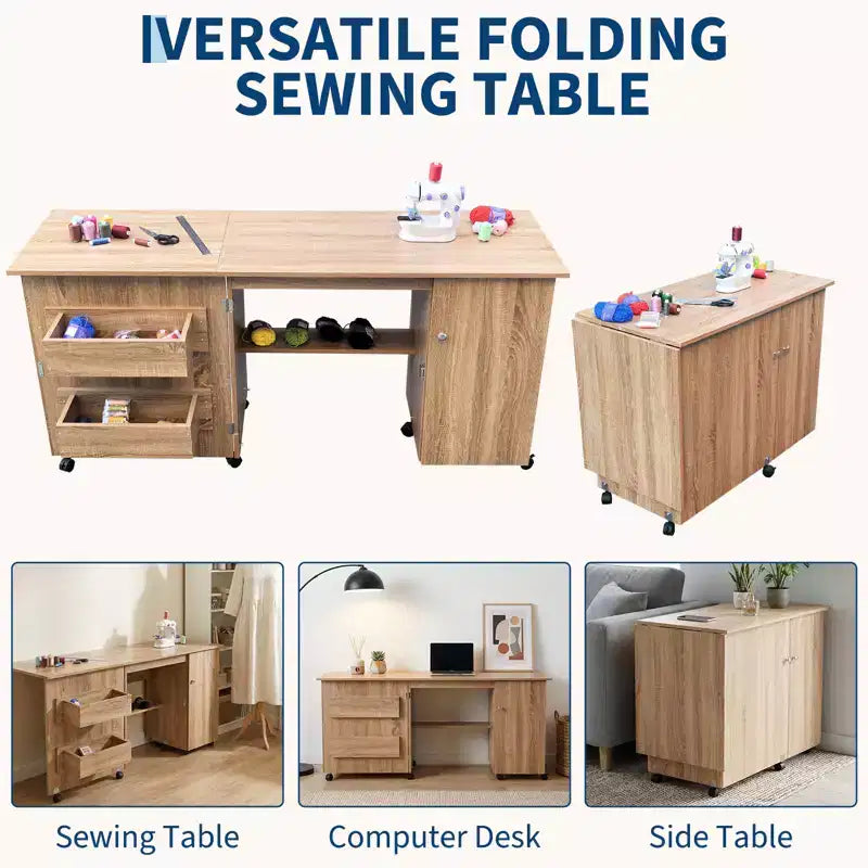 Folding Sewing Table with Storage, Large Sewing Machine Table with Shelves & Lockable Wheels, Multi-Functional Craft Desk for Home, Workroom