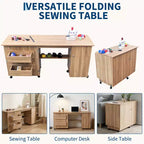 Folding Sewing Table with Storage, Large Sewing Machine Table with Shelves & Lockable Wheels, Multi-Functional Craft Desk for Home, Workroom