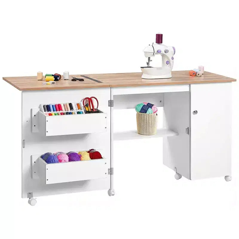 Folding Sewing Table with Storage, Large Sewing Machine Table with Shelves & Lockable Wheels, Multi-Functional Craft Desk for Home, Workroom