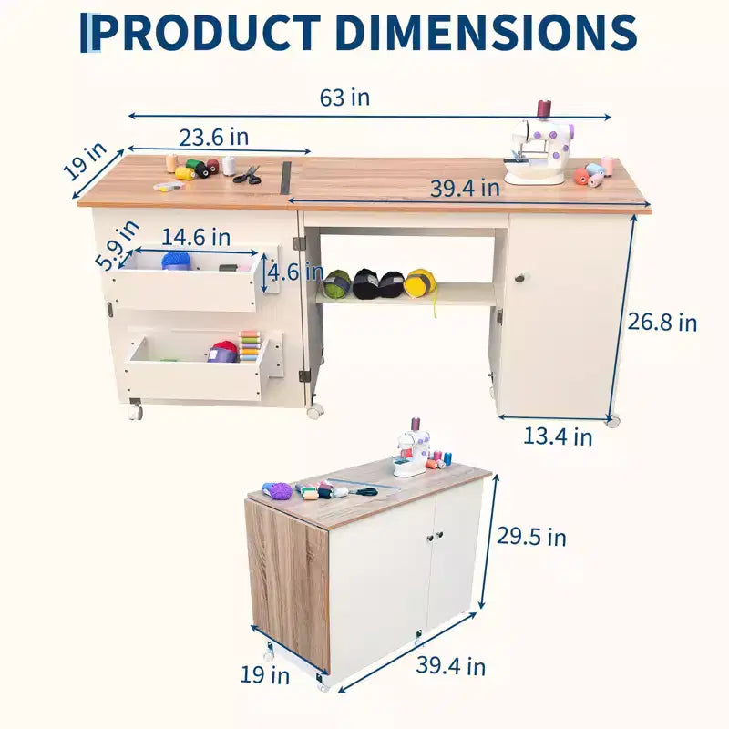 Folding Sewing Table with Storage, Large Sewing Machine Table with Shelves & Lockable Wheels, Multi-Functional Craft Desk for Home, Workroom