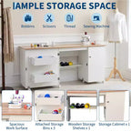 Folding Sewing Table with Storage, Large Sewing Machine Table with Shelves & Lockable Wheels, Multi-Functional Craft Desk for Home, Workroom