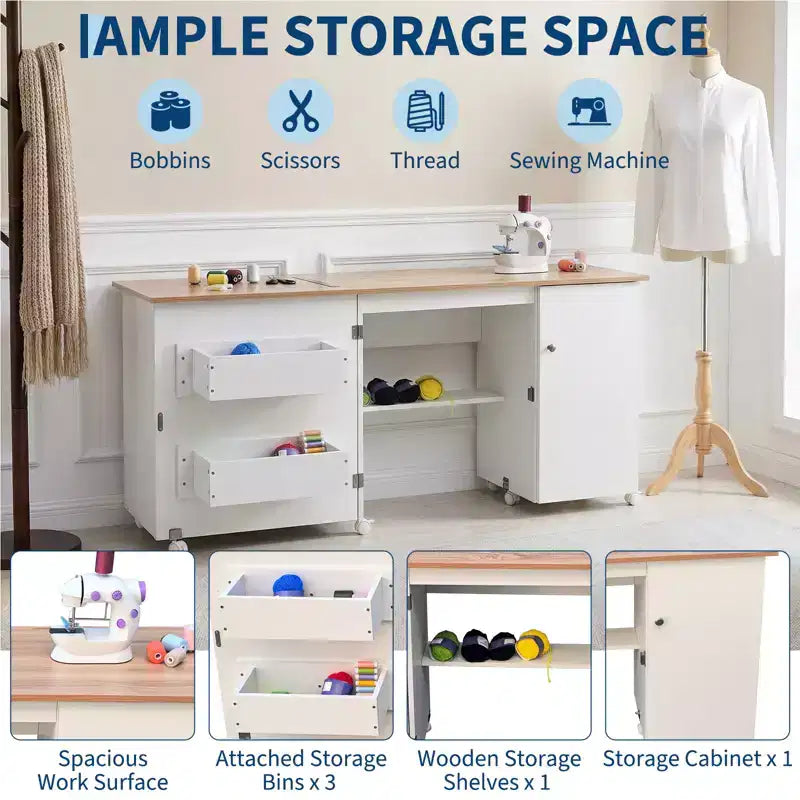 Folding Sewing Table with Storage, Large Sewing Machine Table with Shelves & Lockable Wheels, Multi-Functional Craft Desk for Home, Workroom