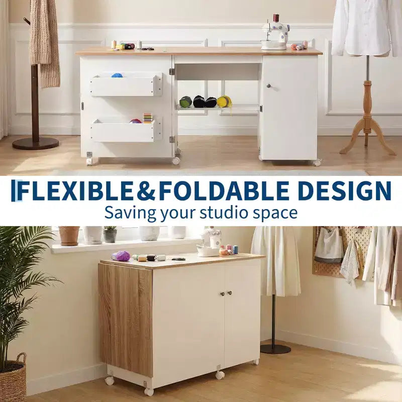 Folding Sewing Table with Storage, Large Sewing Machine Table with Shelves & Lockable Wheels, Multi-Functional Craft Desk for Home, Workroom