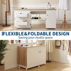 Folding Sewing Table with Storage, Large Sewing Machine Table with Shelves & Lockable Wheels, Multi-Functional Craft Desk for Home, Workroom